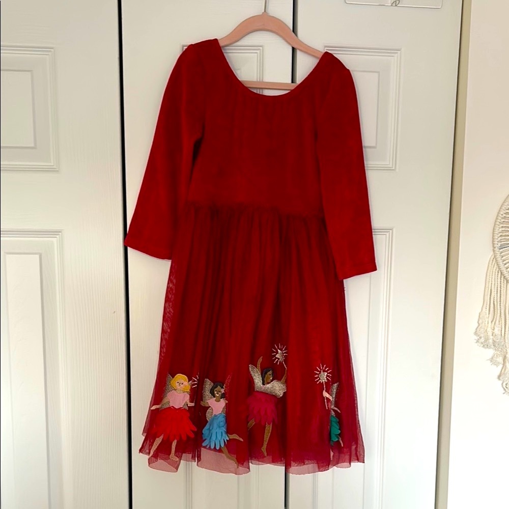 Mini Boden girls red velvet tulle dress with fairies size 8-9